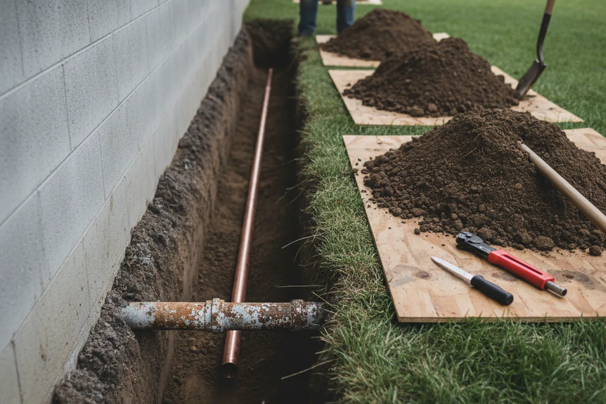 Excavated water line trench during Water Softener Installation in Calmar